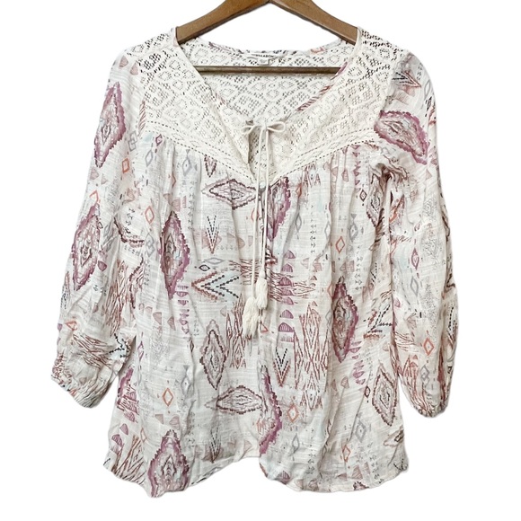 Billabong Tops - BILLABONG Aztec Printed Boho Button Down Tassel Tie Neckline Blouse